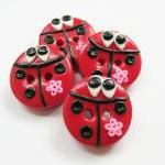 Lady Bugs - Set Of 4 Polymer Clay Handmade Buttons