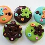 Colors And Flowers - Set Of 5 Polymer Clay Buttons