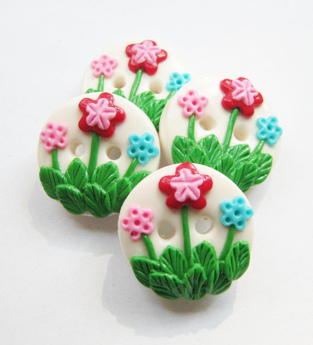 Flowers Garden -set Of 4 Polymer Clay Buttons (3/4")